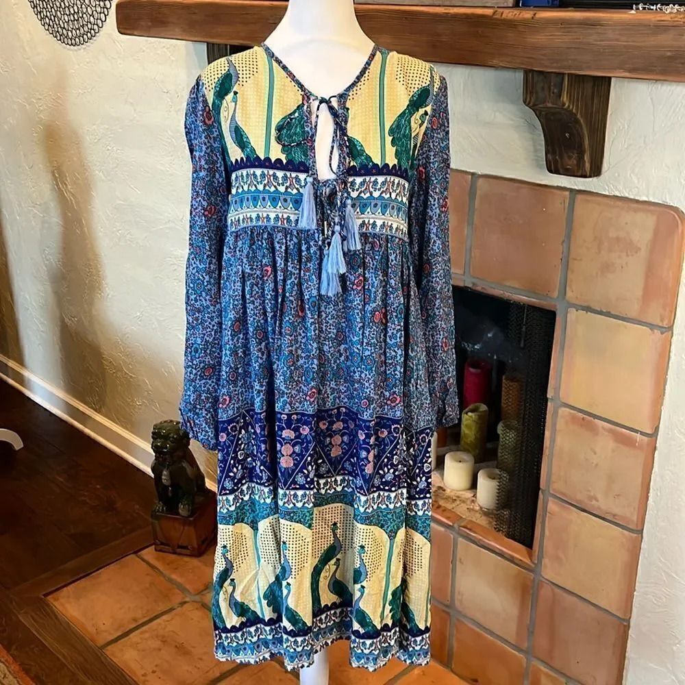 R. Vivimos Blue and Purple Floral Peacock Boho Midi Dress, M!